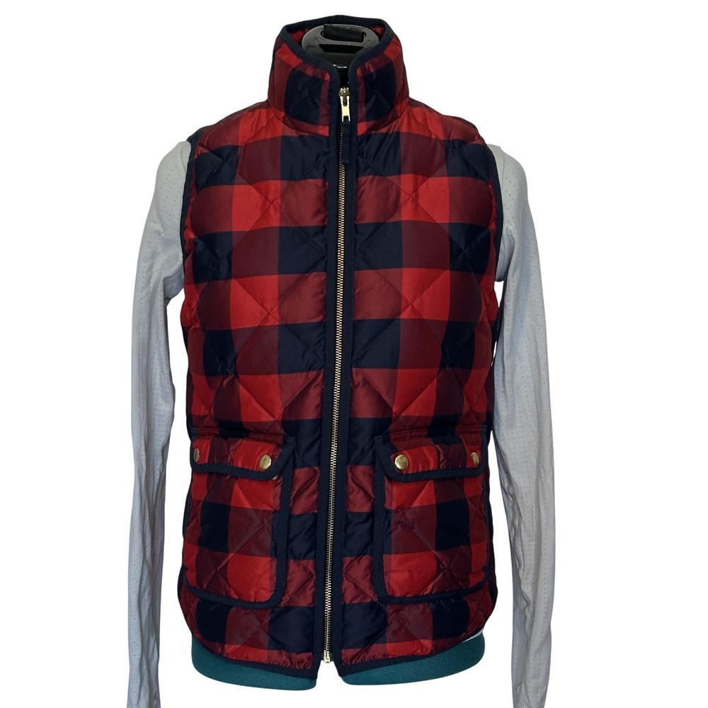 J.Crew Excursion Quilted Down Vest Red Navy Buffalo Check Plaid XS Gold Zip
